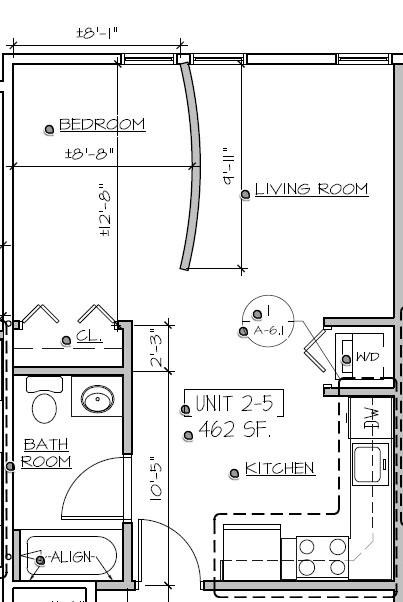 A floor plan of a small apartment with a bedroom, living room, kitchen, and bathroom.